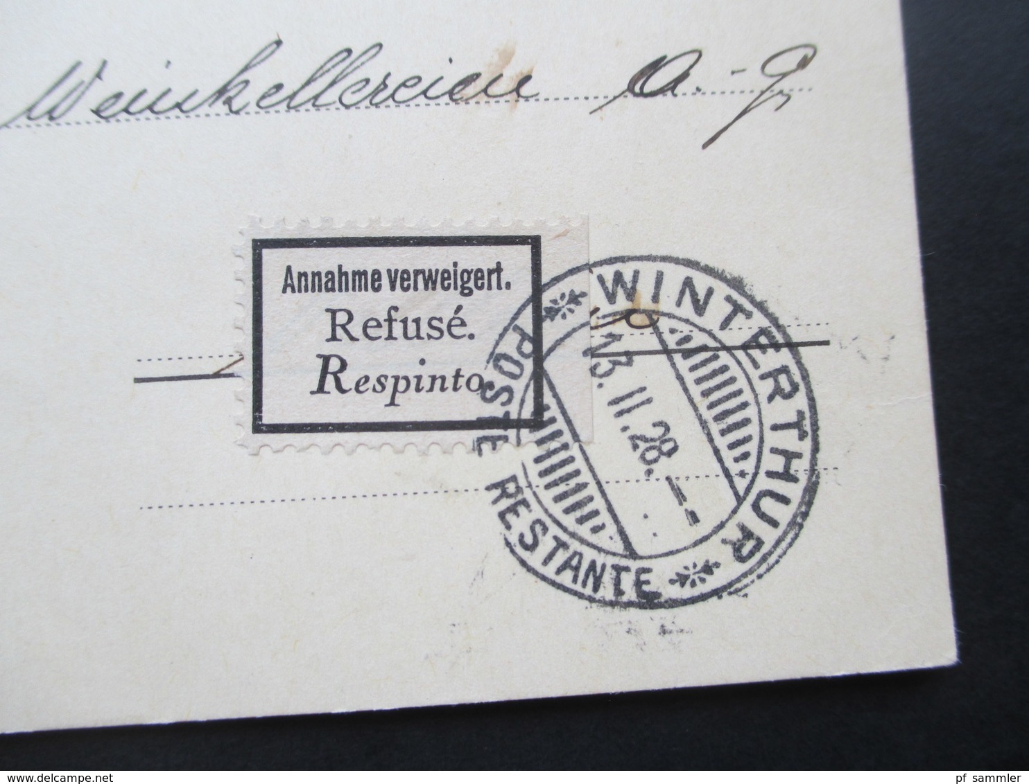 Schweiz 1928 PK Stadt Turnverein Winterthur. Nachnahme. Klebezettel Annahme Verweigert Refuse Respinto. Poste Restante - Briefe U. Dokumente