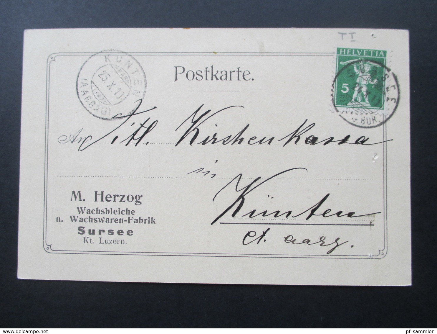 Schweiz 1910 Postkarte M. Herzog Wachsbleiche Und Wachswaren Fabrik Sursee Kt. Luzern. Nach Künten Aargau - Briefe U. Dokumente