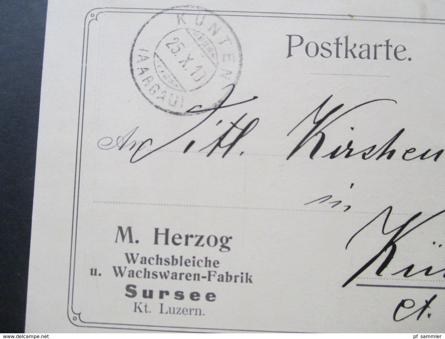 Schweiz 1910 Postkarte M. Herzog Wachsbleiche Und Wachswaren Fabrik Sursee Kt. Luzern. Nach Künten Aargau - Cartas & Documentos