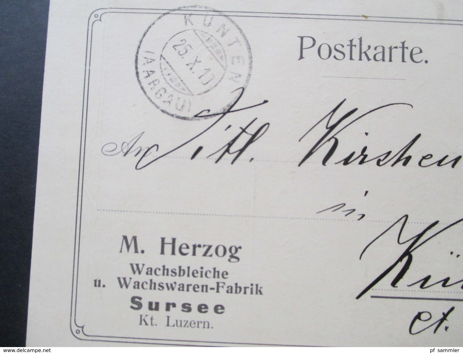 Schweiz 1910 Postkarte M. Herzog Wachsbleiche Und Wachswaren Fabrik Sursee Kt. Luzern. Nach Künten Aargau - Briefe U. Dokumente