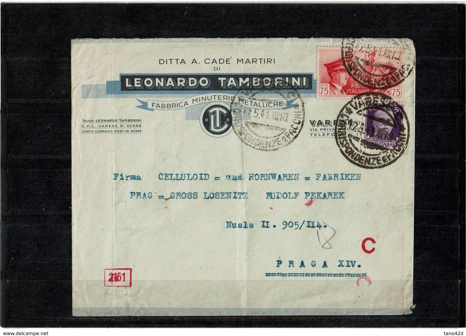 LINT 5  - II GM ITALIE FRATELLANZA 75c SUR  LETTRE COMMERCIALE POUR PRAGUE MAI 1941 - Marcophilie