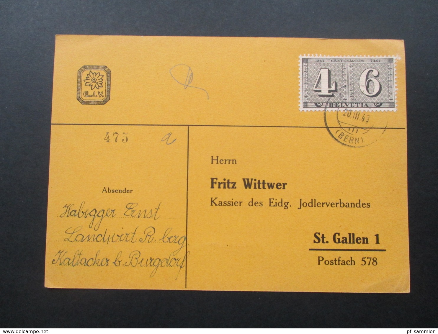 Schweiz 1943 Postkarte Des Eidg. Jodlerverbandes. Mit Wappen Des E.J.V. - Cartas & Documentos