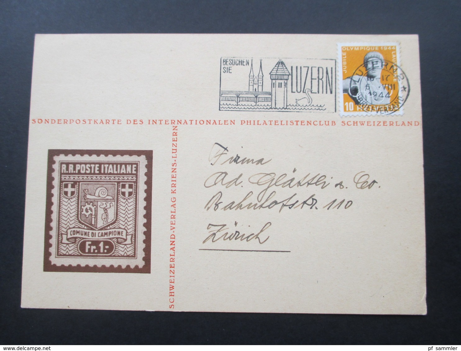 Schweiz 1944 Sonderpostkarte Des Internationalen Philatelistenclub Schweizerland. Schweizerland Verlag Kriens - Briefe U. Dokumente