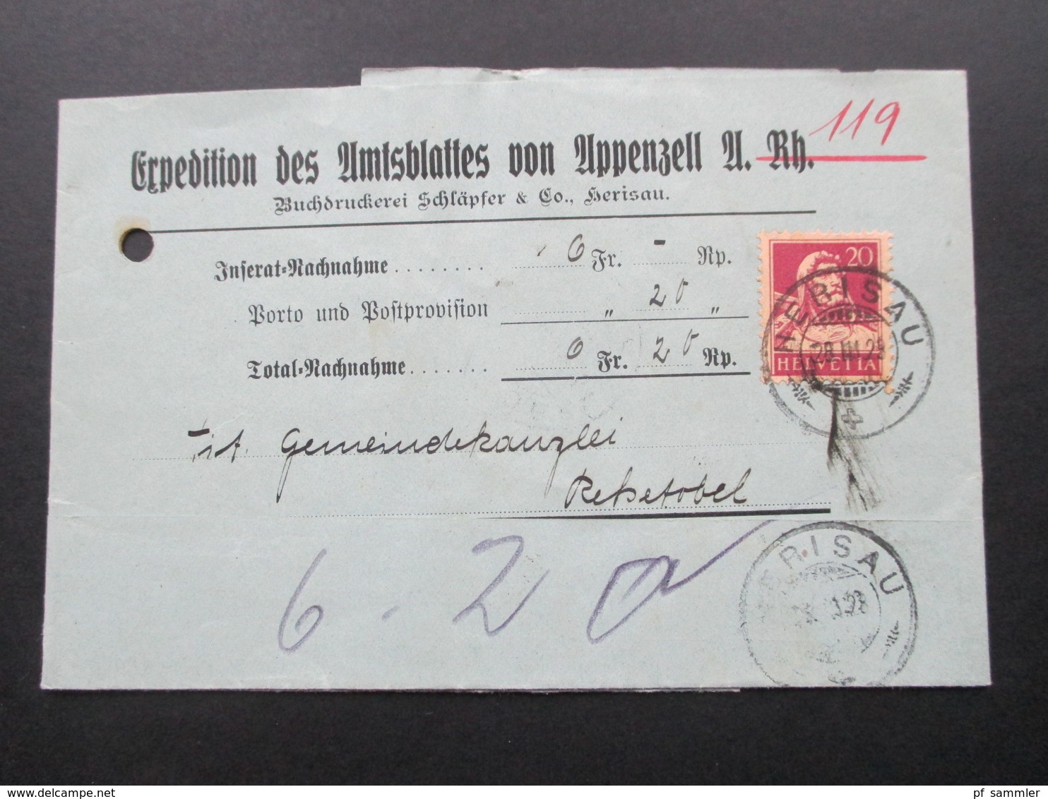 Schweiz 1923 Expedition Des Amtsblattes Von Appenzell. Herisau - Rehetobel - Briefe U. Dokumente