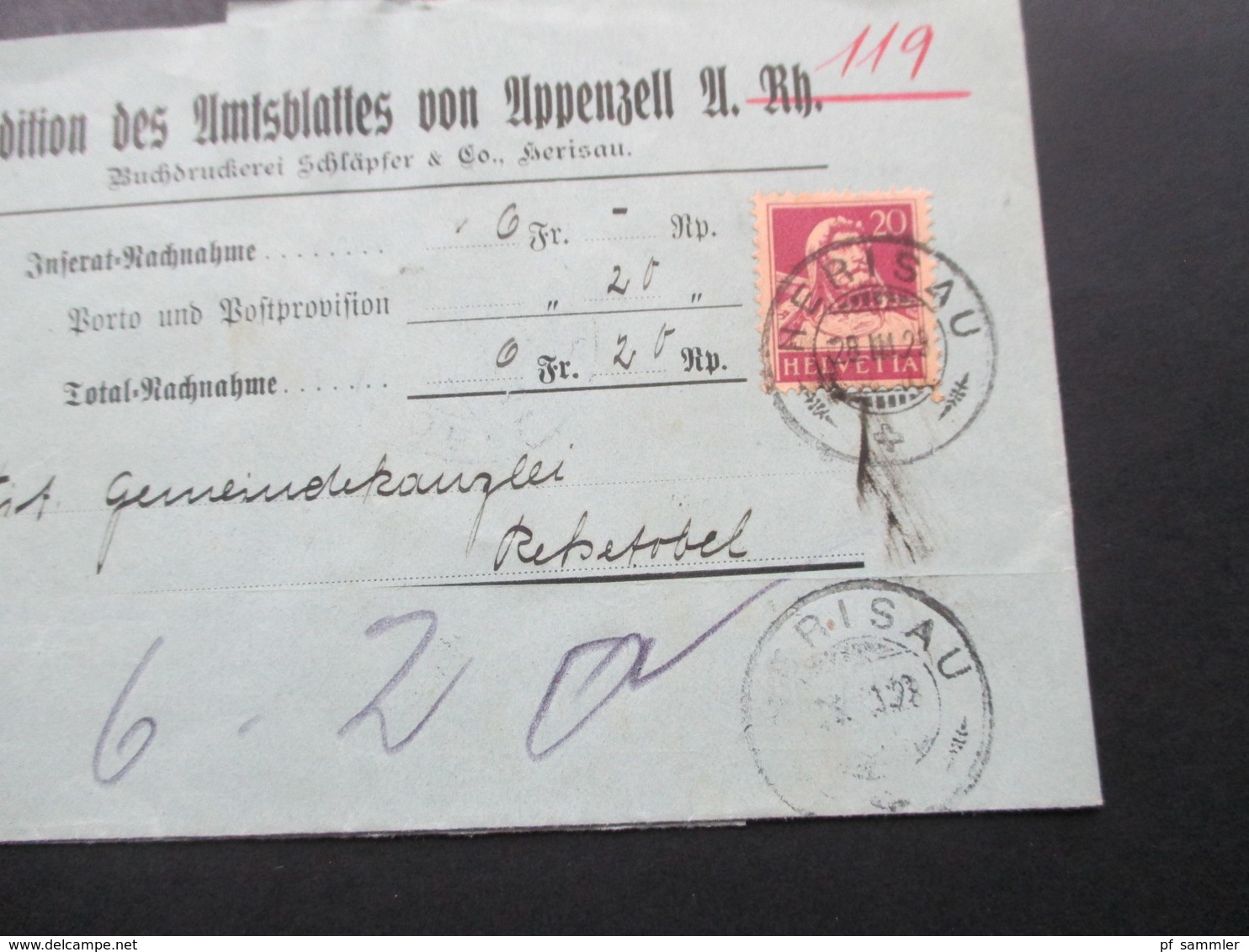 Schweiz 1923 Expedition Des Amtsblattes Von Appenzell. Herisau - Rehetobel - Briefe U. Dokumente