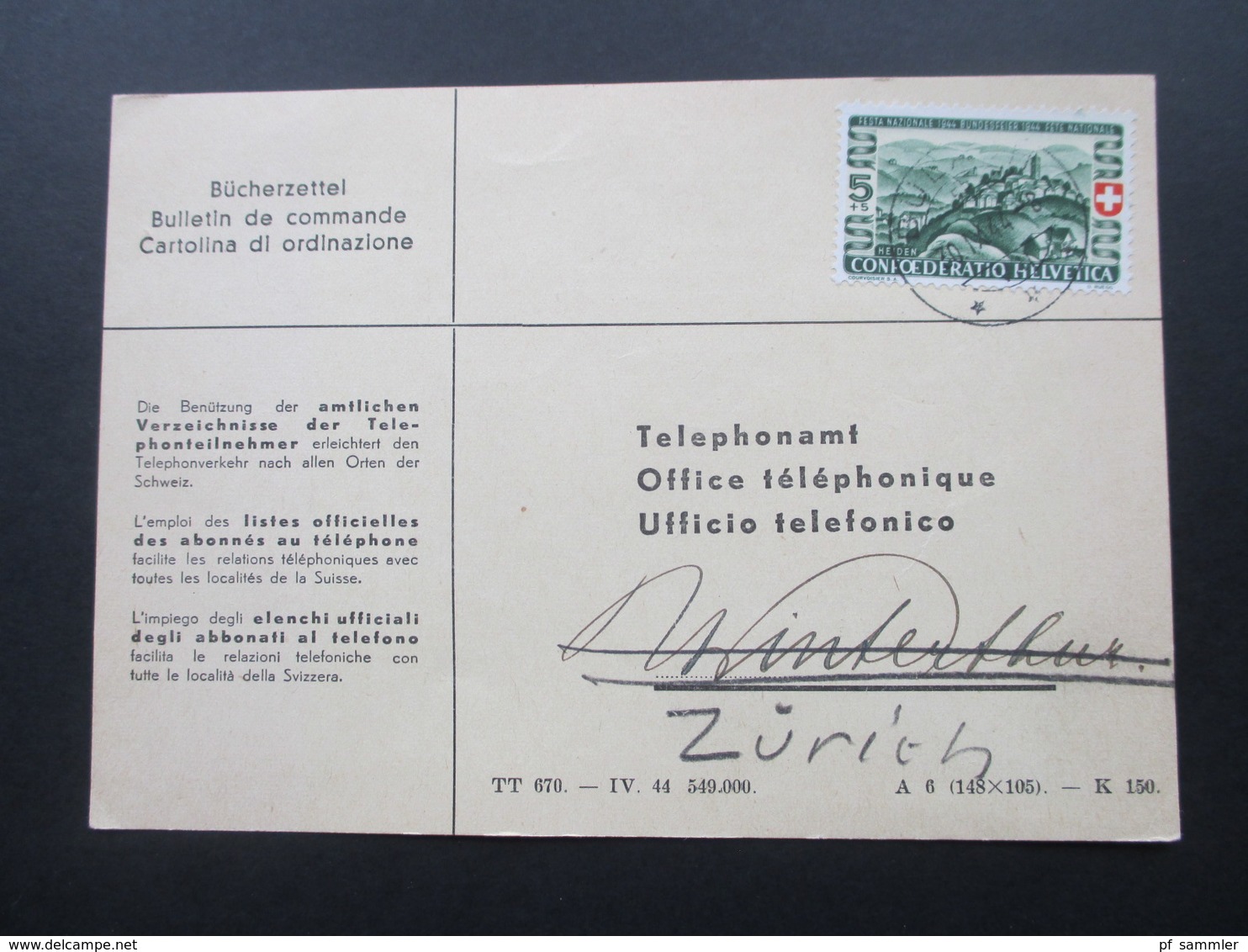 Schweiz 1944 Postkarte / Bücherzettel An Das Telephonamt / Office Telephonique - Briefe U. Dokumente