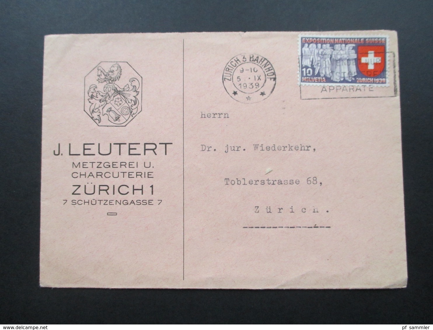 Schweiz 1939 Brief / Frmenbrief J. Leutert Metzgerei Und Charcauterie Zürich 1. - Cartas & Documentos