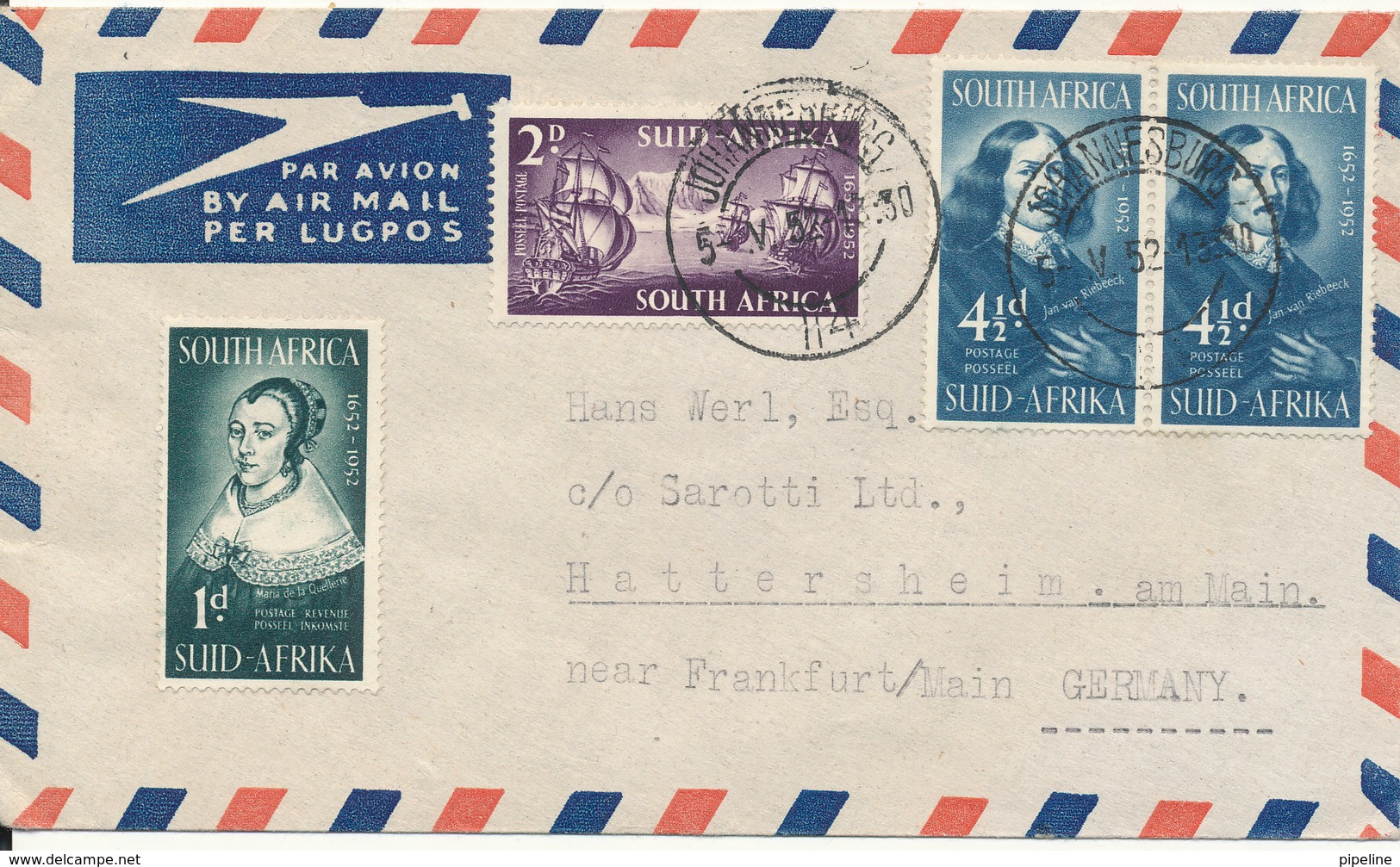 South Africa Air Mail Cover Sent To Germany Johannesburg 5-5-1952 - Poste Aérienne