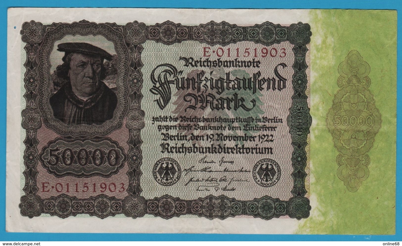 DEUTSCHES REICH 		50000 Mark 19.11.1922	No E.01151903 P# 80 Bürgermeister Brauweiler - 50000 Mark