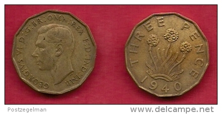 UK, 1940, Very Fine Used Coin, 3 Pence, George VI, Nickel-Brass,  KM 849, C2780 - F. 3 Pence