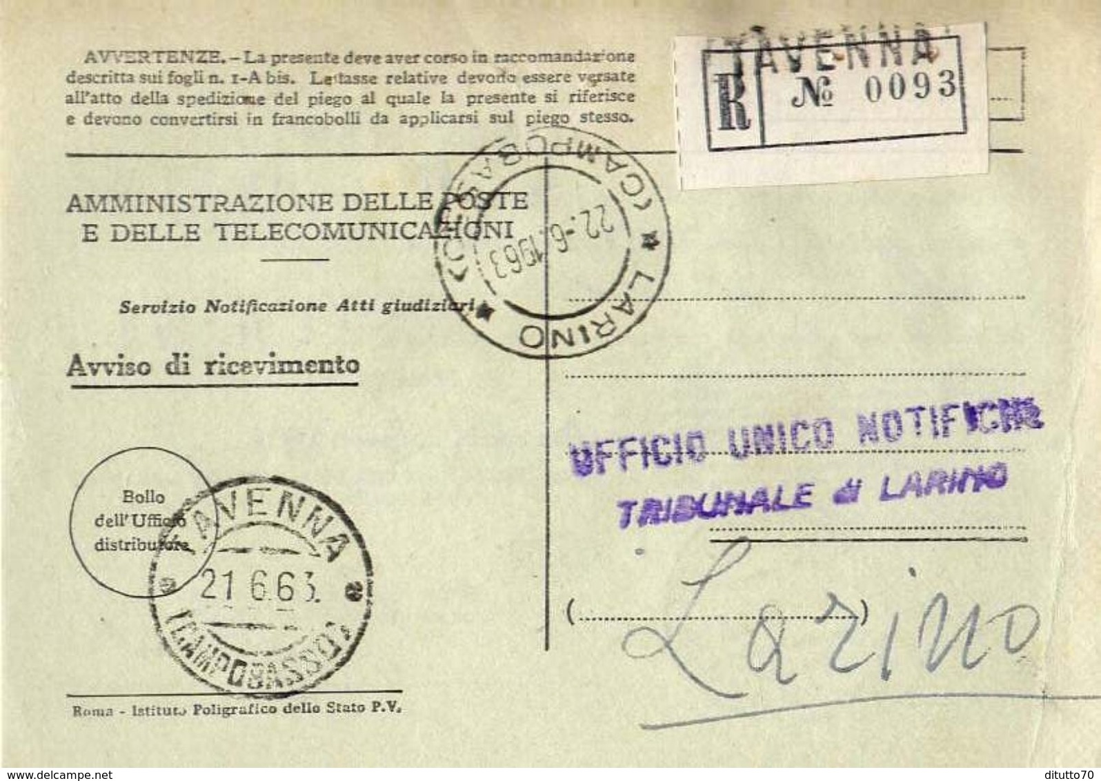 1963 - Amministrazione Della Poste E Delle Telecomunicazioni - Avviso Di Ricevimento Raccomandata - Tavenna - Campobasso - 1981-90: Storia Postale