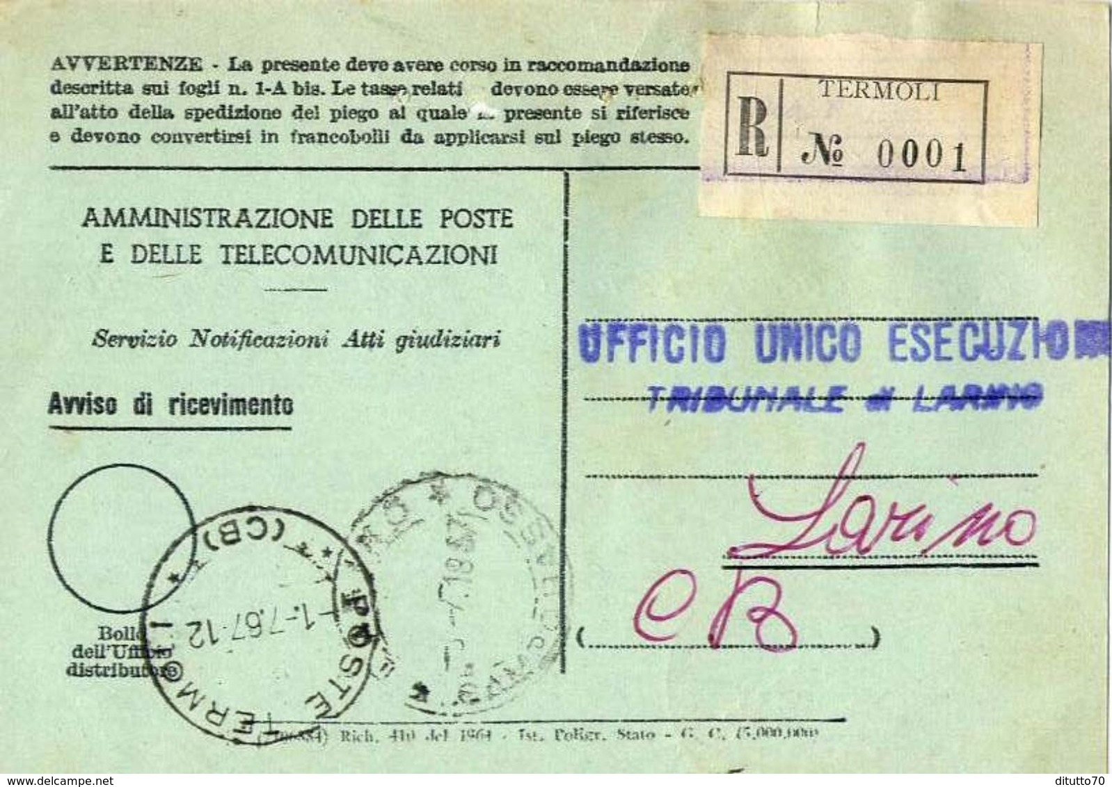 1967 - Amministrazione Della Poste E Delle Telecomunicazioni - Avviso Di Ricevimento Raccomandata - Termoli - Campobasso - 1981-90: Storia Postale