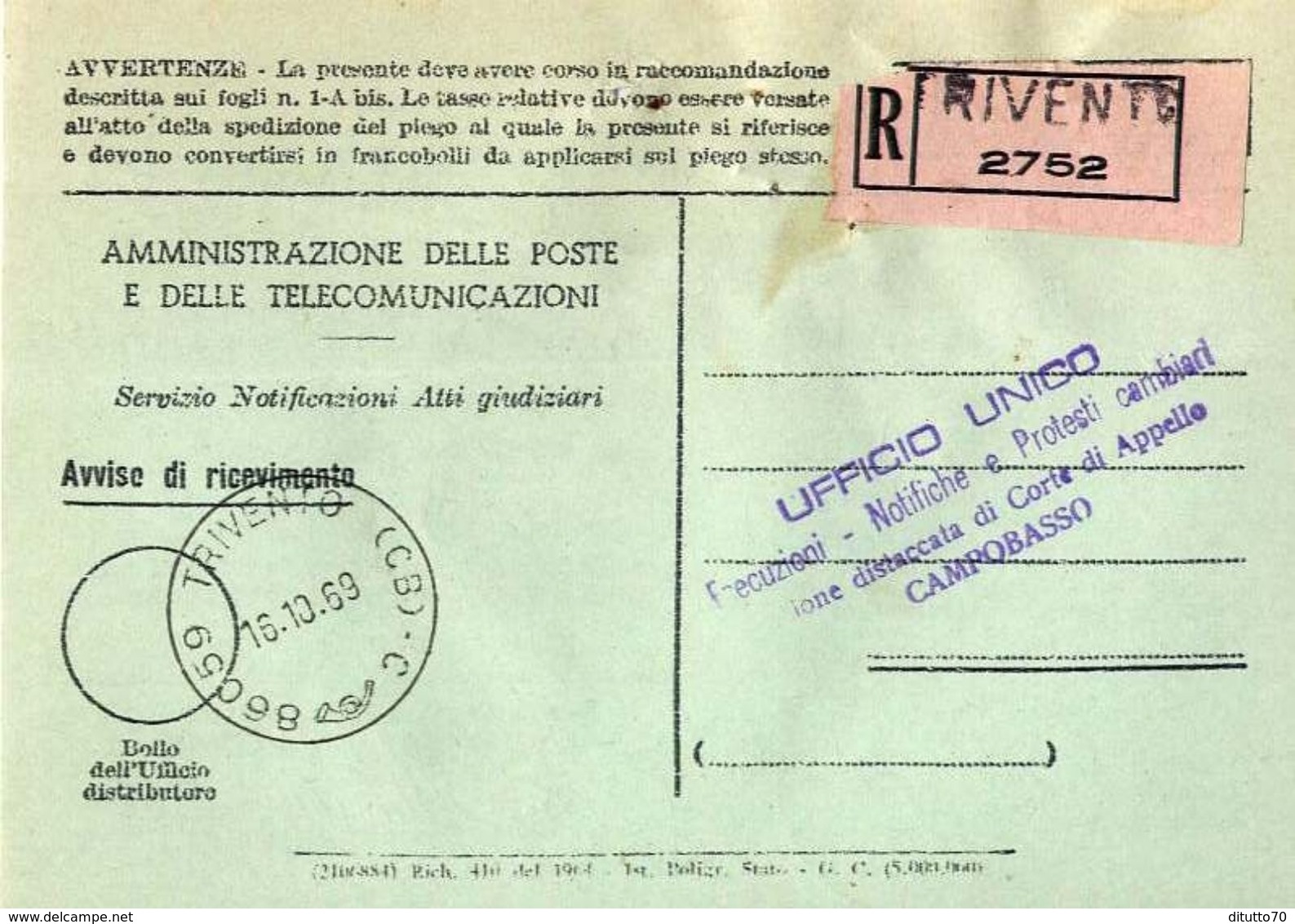 1969 - Amministrazione Della Poste E Delle Telecomunicazioni - Avviso Di Ricevimento Raccomandata - Trivento - Campobass - 1981-90: Marcophilie