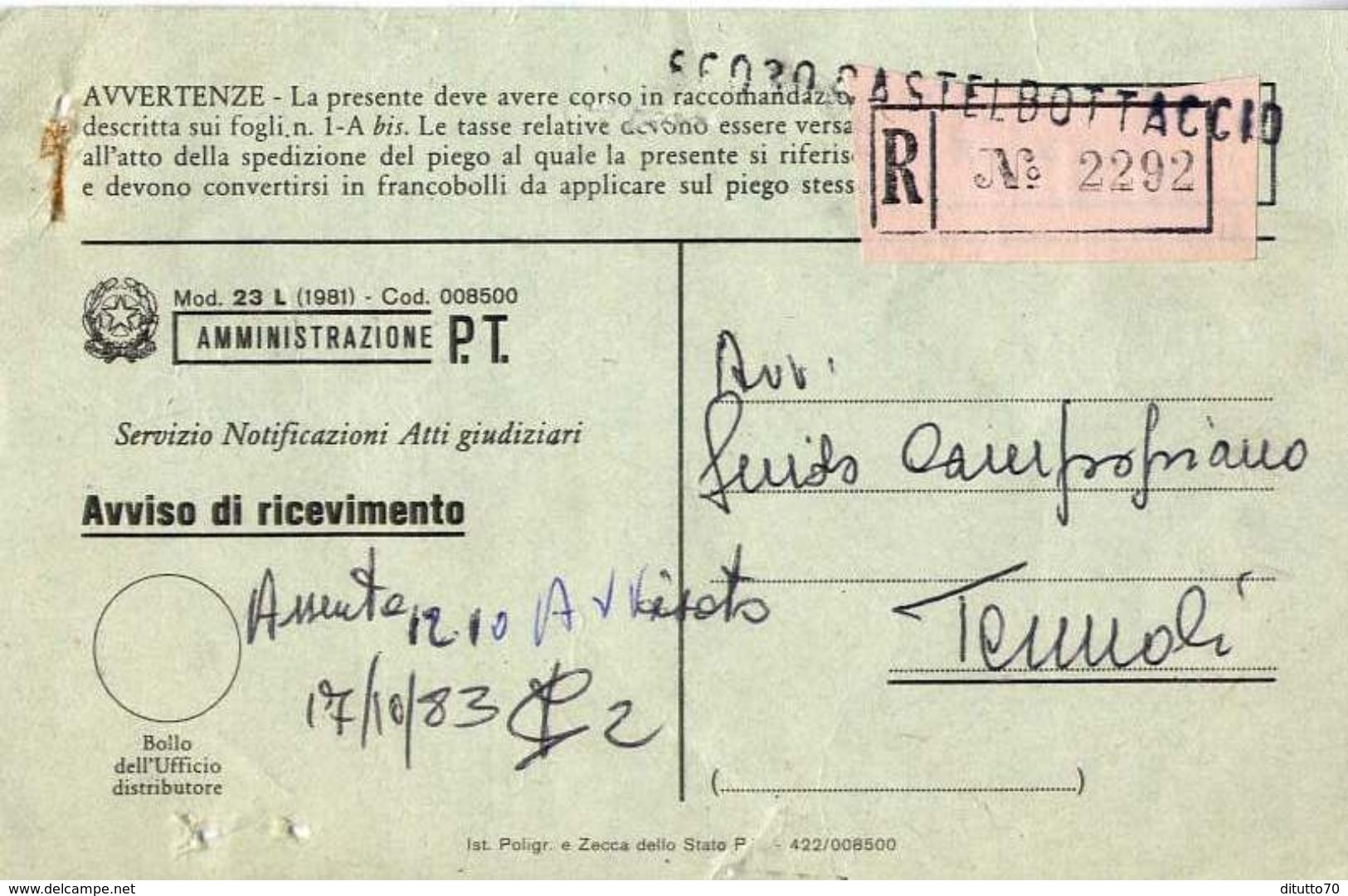 1983 - Amministrazione Della Poste E Delle Telecomunicazioni - Avviso Di Ricevimento Raccomandata - Castelbottaccio - Ca - 1981-90: Marcophilia