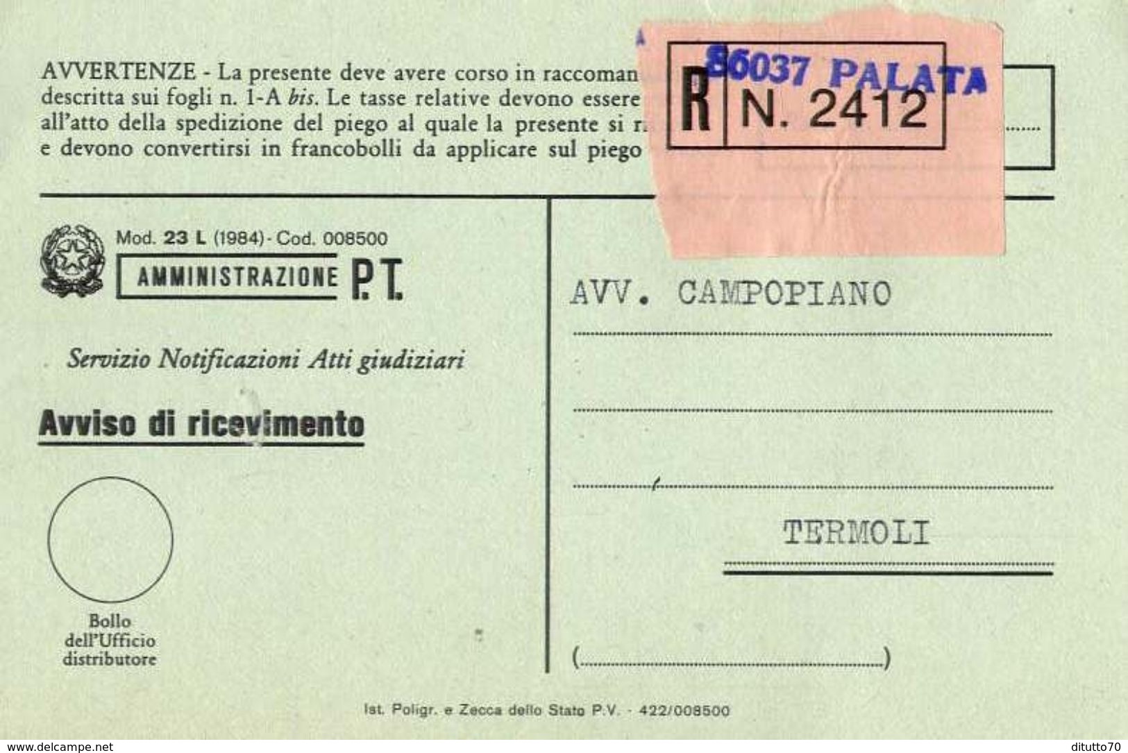 1987 - Amministrazione Della Poste E Delle Telecomunicazioni - Avviso Di Ricevimento Raccomandata - Palata - Campobasso - 1981-90: Marcophilie