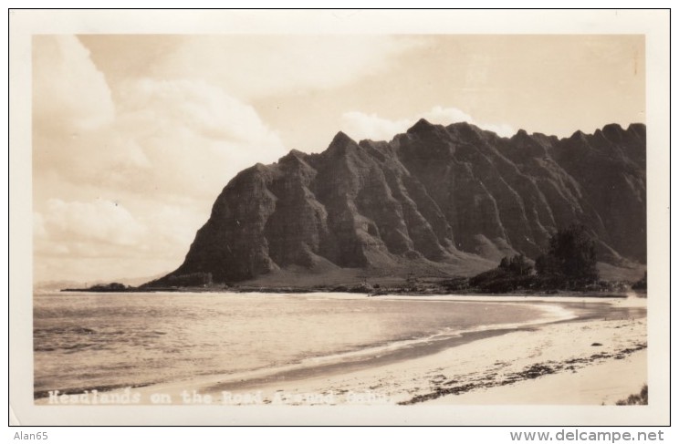 Oahu Island Hawaii, 'Headlands On Road Around Oahu' Bay At Kahana, C1930s/40s Vintage Real Photo Postcard - Oahu
