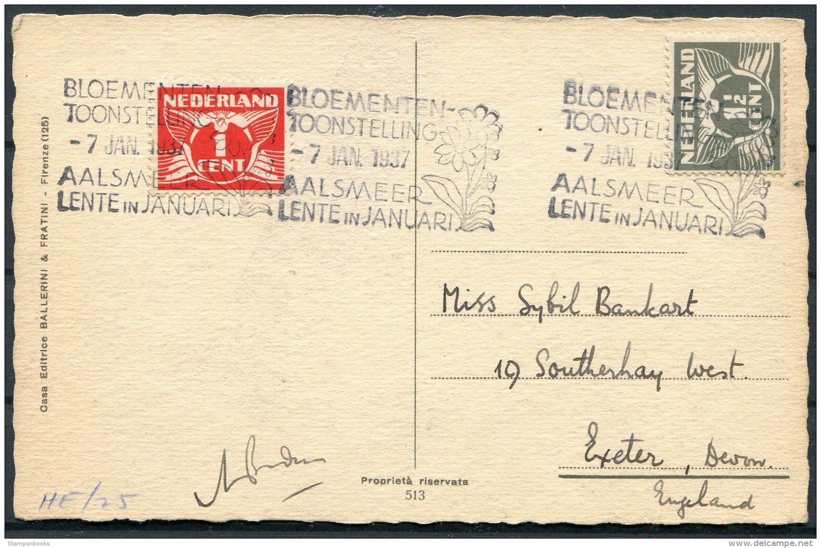1937 Netherlands Postcard, Flower Exhibition Aalsmeer / Bloementen Toonstelling - Exeter - Covers & Documents