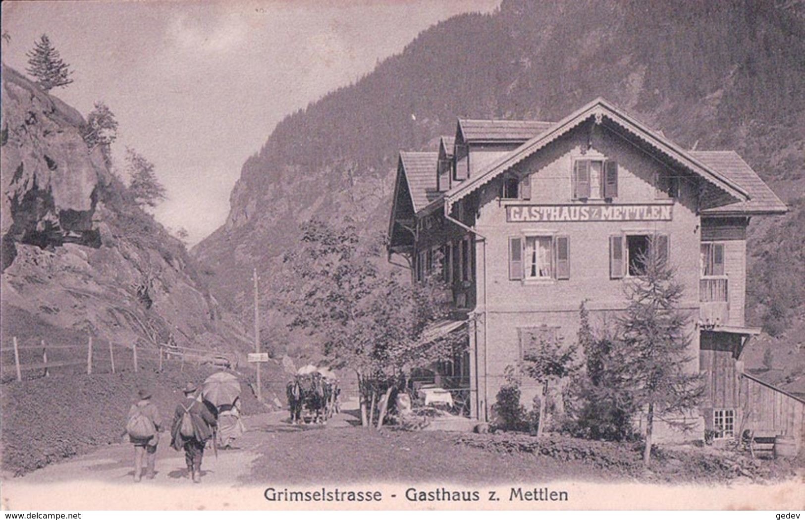 Grimselstrasse, Gasthaus Z. Mettlen, Attelage Et Promeneurs (7877) - Autres & Non Classés