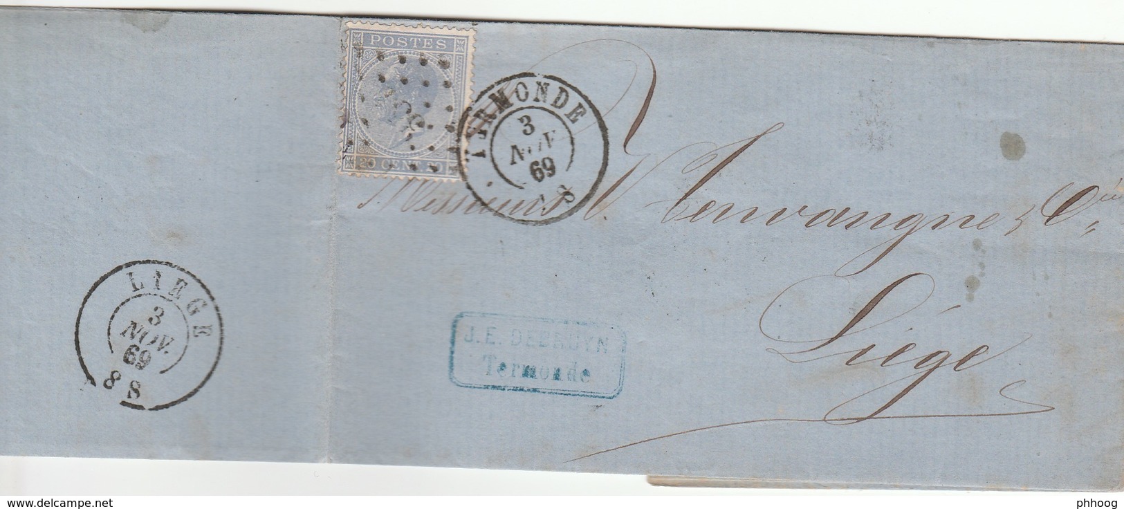 LAC T.18 Obl Ldp 351 De Termonde Dendermonde 3 Nov 1869 Vers Liège - 1865-1866 Profil Gauche