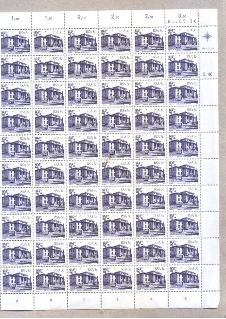 South Africa 1982 Sheet 3c Buildings Set Appelhof Blomfontein MNH Stamps - Blocs-feuillets