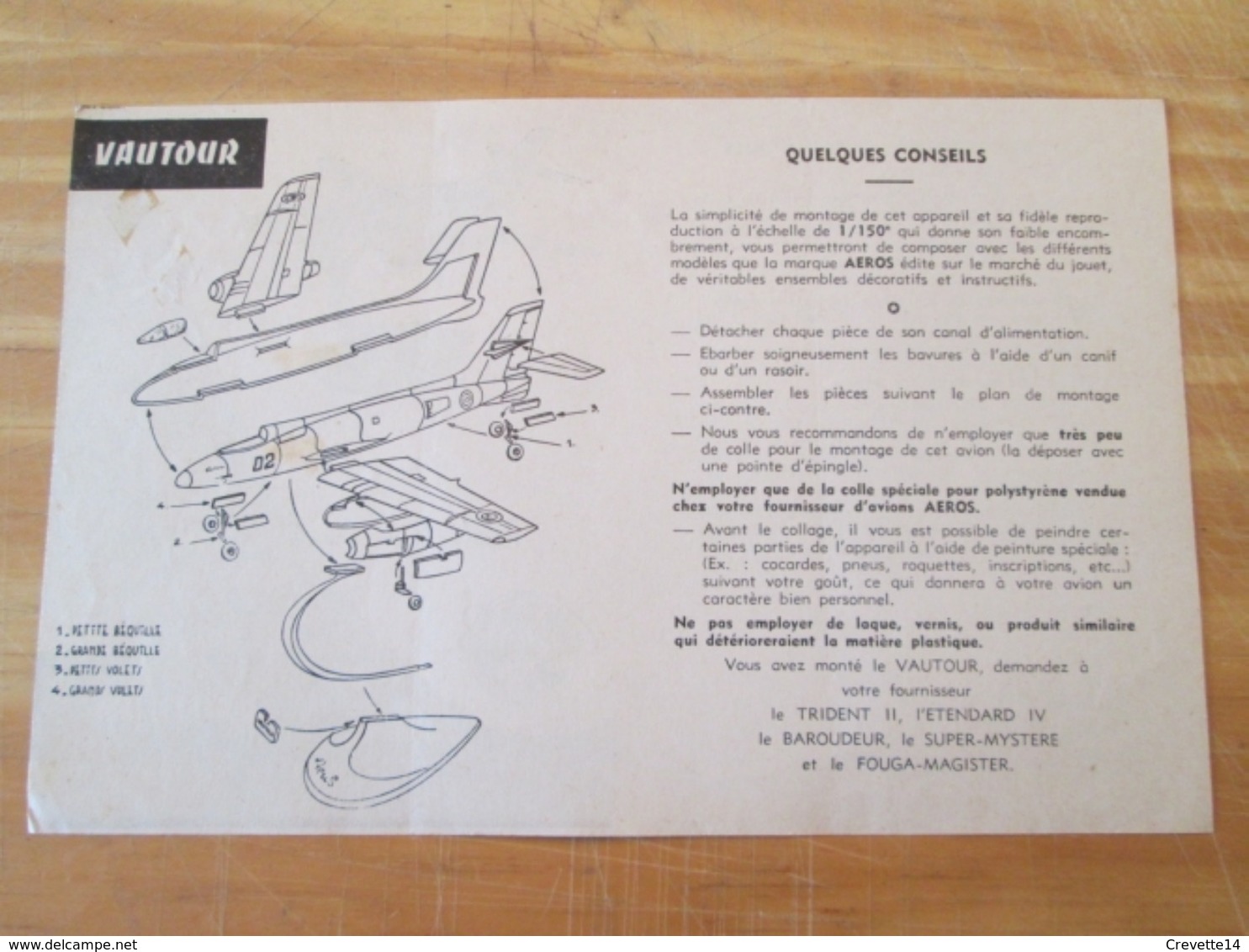 Rare : NOTICE DE MONTAGE Années 60 Pour Maquette Plastique AEROS : VAUTOUR - Vliegtuigen