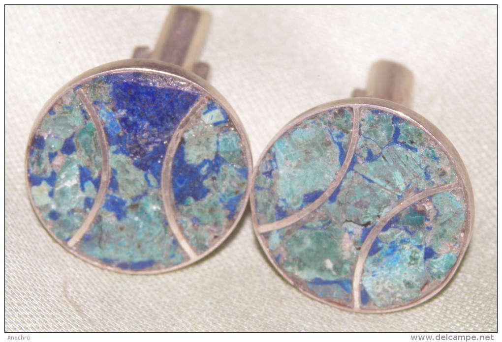 BOUTONS De MANCHETTE ARGENT Et Pierre Bleue - Cuff Links & Studs