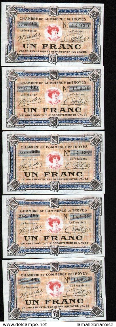 Chambre De Commerce De Troyes, 5 Billets Neufs De 1Franc, 5 Numéros Consécutifs - Chamber Of Commerce