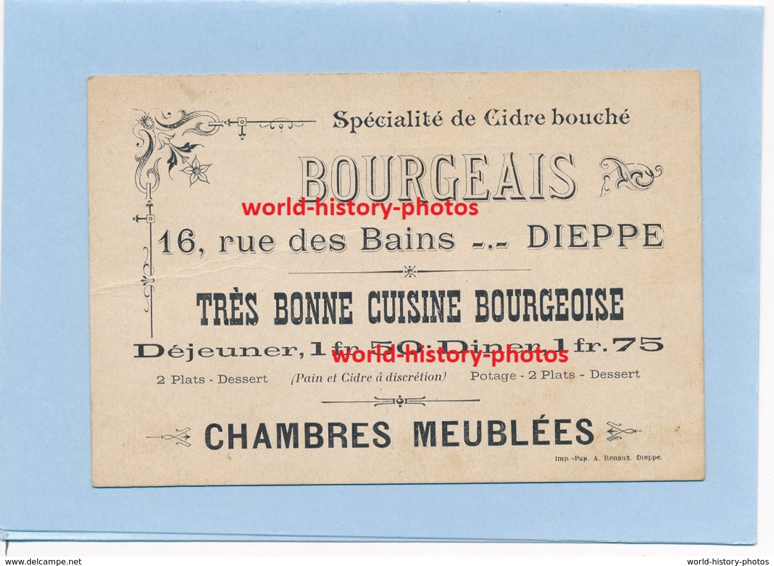 Carte Commerciale - BOURGEAIS  DIEPPE (76)  - Très Bonne Cuisine Bourgeoise - Chambres Meublées - Dieppe