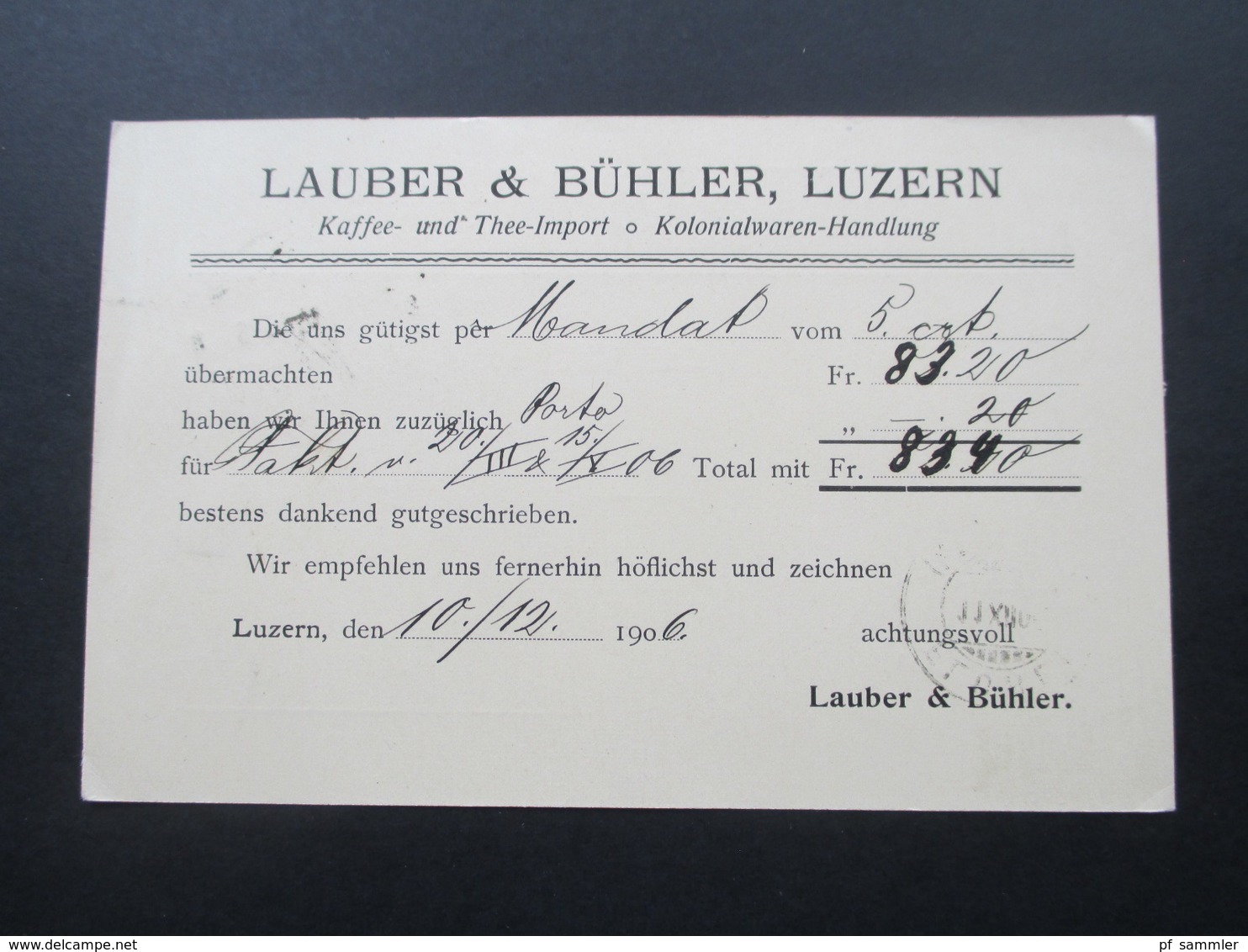 Schweiz 1906 Firmenkarte Lauber & Bühler Kaffee Gross Rösterei (Sirocco) Epicerie Fine. Kolonialwaren. Thee Import - Brieven En Documenten