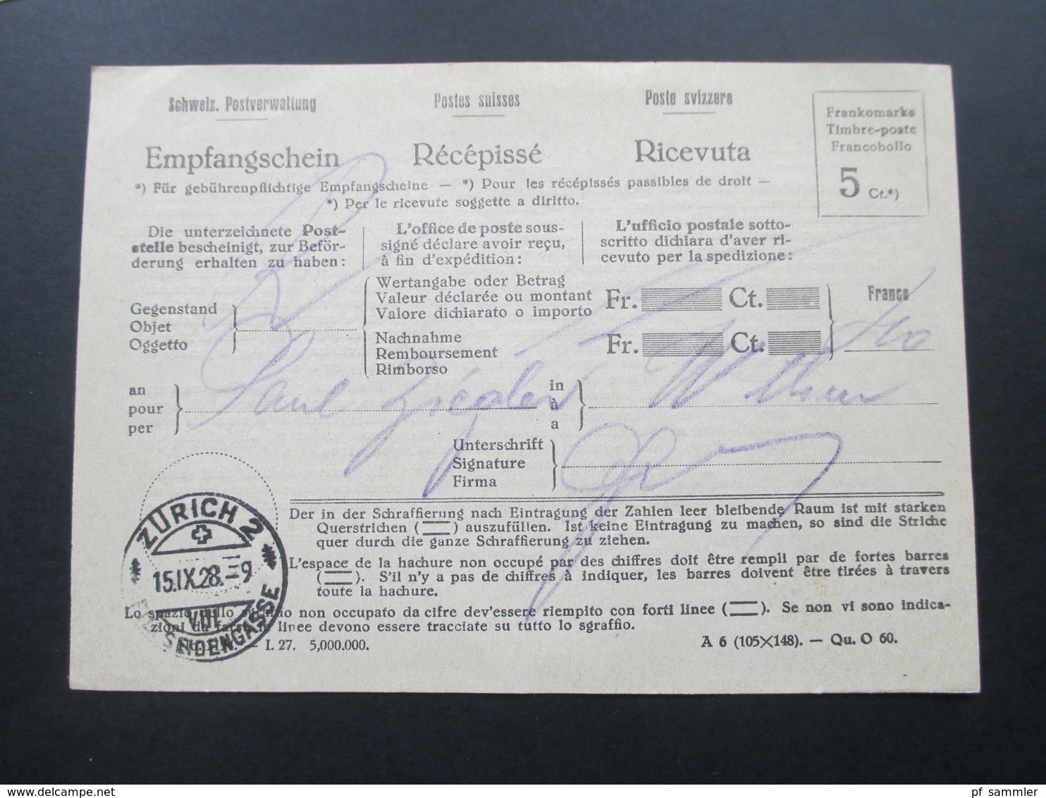 Schweiz 1928 Empfangsschein / Recepisse 2 Stk. Zürich 2 Und 22. - Cartas & Documentos