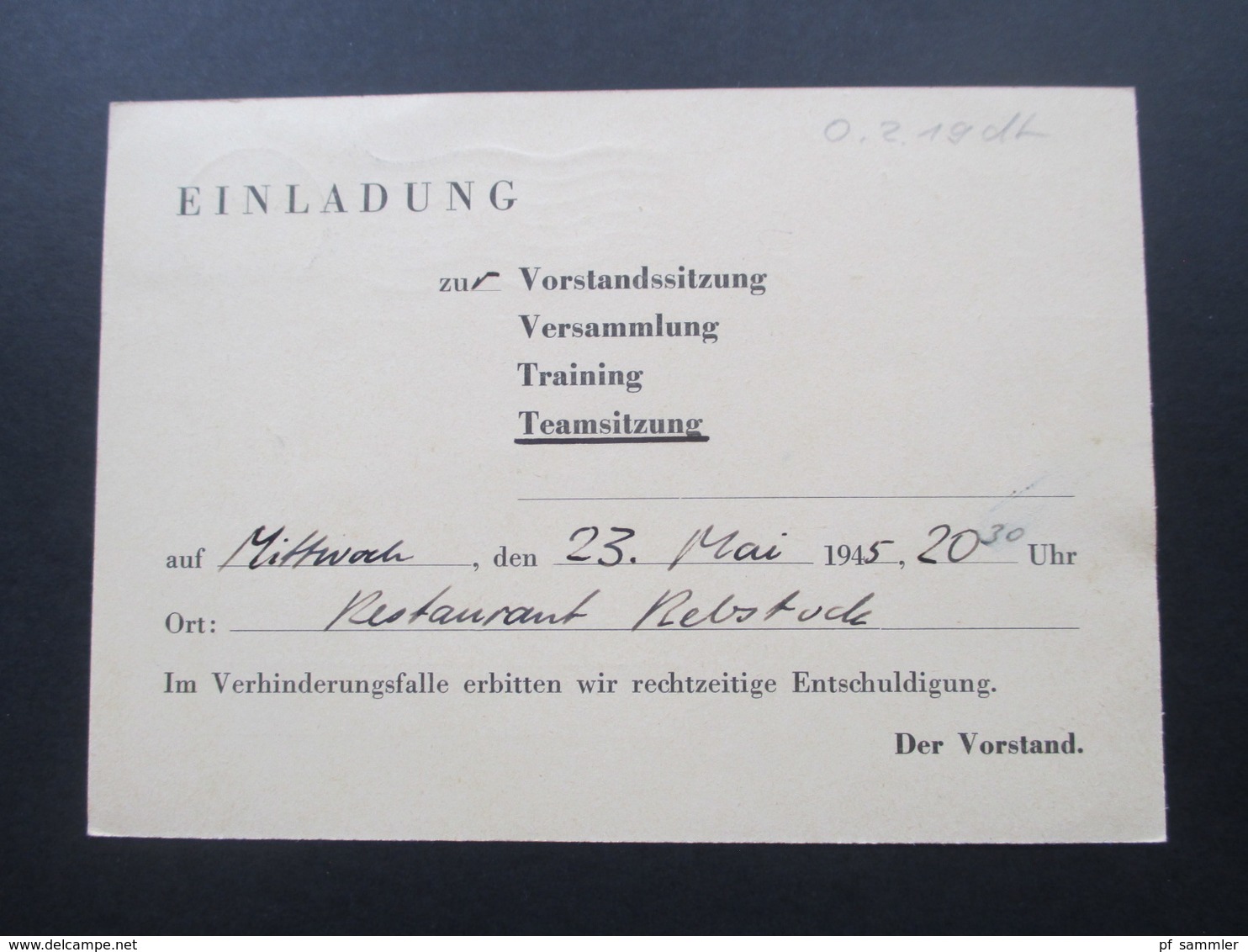 Schweiz 18.5.1945 Postkarte Einladung Zur Teamsitzung Im Restaurant Rebstock. Sportverein Höngg - Briefe U. Dokumente