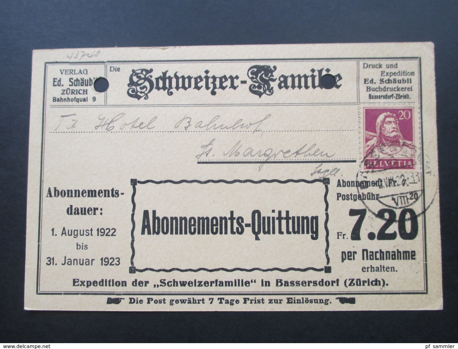 Schweiz 1922 Abonnements Quittung Der Schweizer Familie. Verlag Ed. Schäubli. Nachnahmekarte - Briefe U. Dokumente