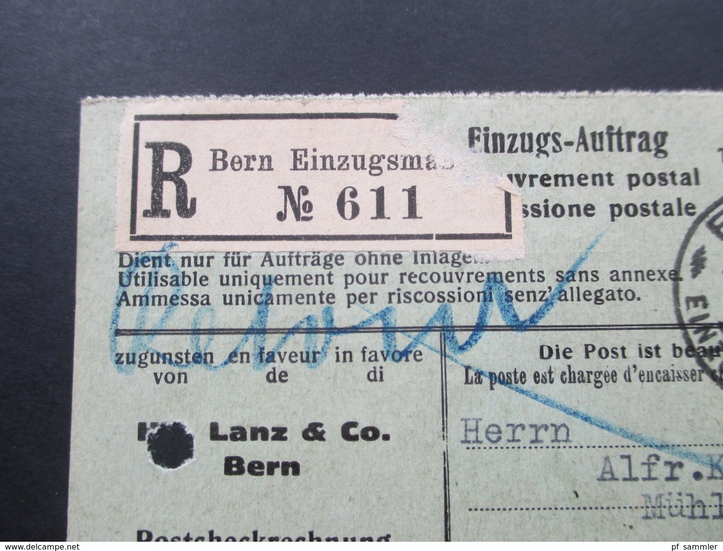 Schweiz 1924 Einzugsauftrag Einschreiben Bern Einzugsmandate No 611. Verweigert! Retour - Cartas & Documentos
