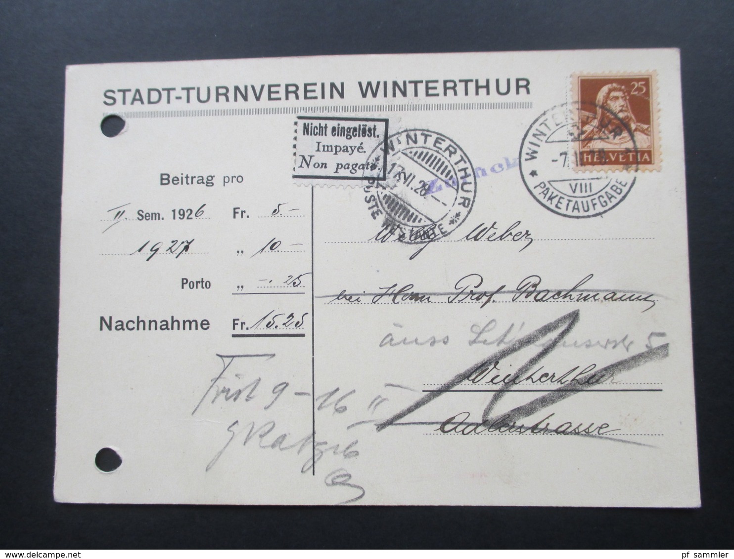 Schweiz 1928 Postkarte Stadt Turnverein Winterthur. Zurück. Nicht Eingelöst. Impaye. Non Pagato. Poste Restante - Briefe U. Dokumente