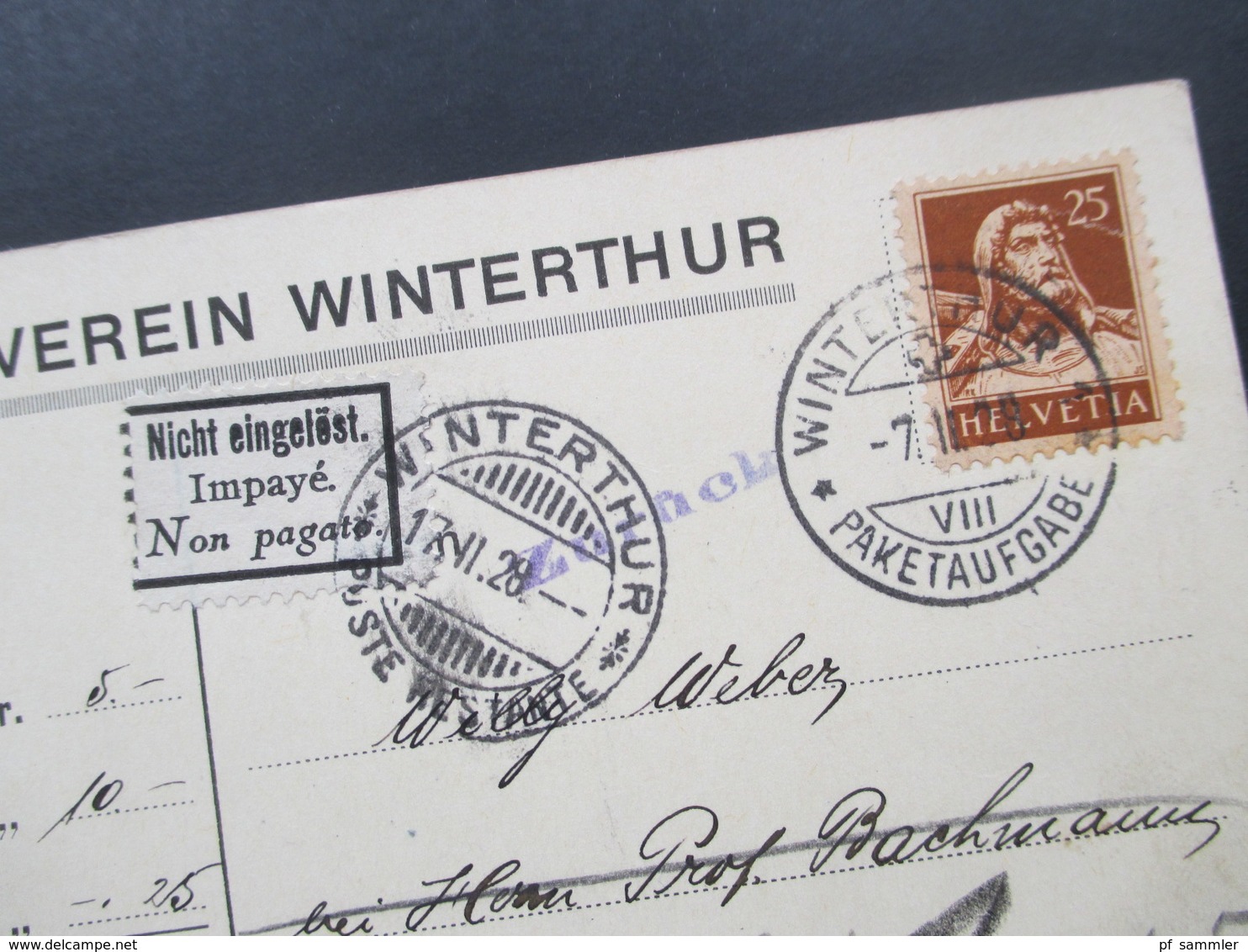 Schweiz 1928 Postkarte Stadt Turnverein Winterthur. Zurück. Nicht Eingelöst. Impaye. Non Pagato. Poste Restante - Briefe U. Dokumente