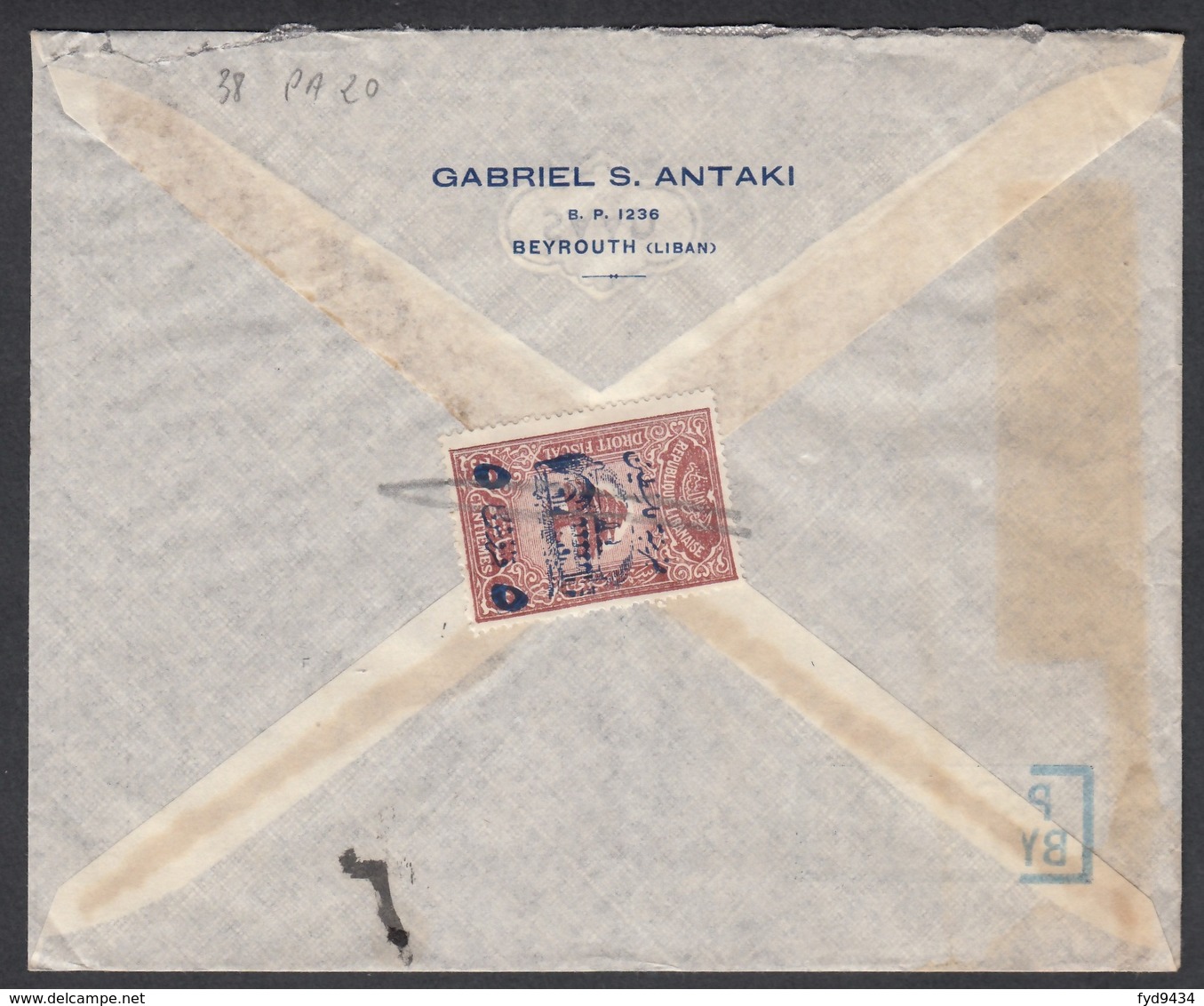 N° 38 + PA N° 20 + Timbre Fiscal Au Verso Sur Lettre Par Avion Oblit. CAd " Beyrouth 04/04/49 " Pour Paris - Liban