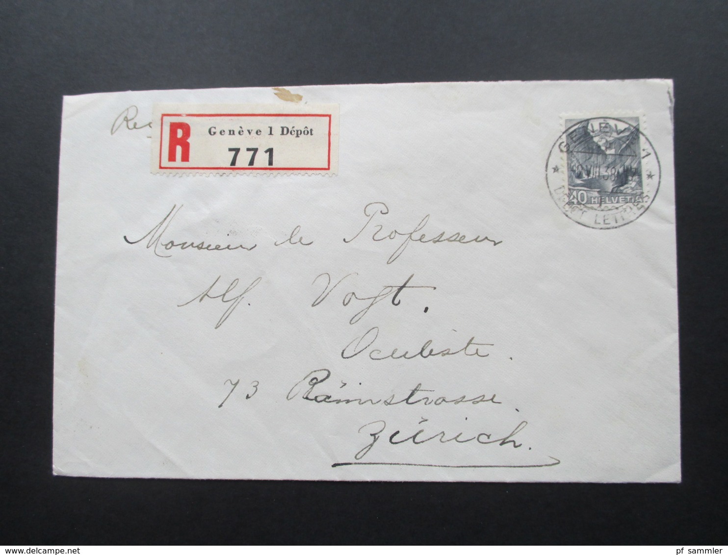 Schweiz 1938 Brief / Einschreiben Geneve 1 Depot 771. Depot Lettre Nach Zürich. - Briefe U. Dokumente