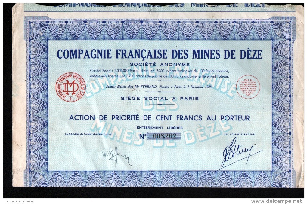 1928, COMPAGNIE FRANCAISE DES MINES DE DEZE, ACTION DE PRIORITE - Mines