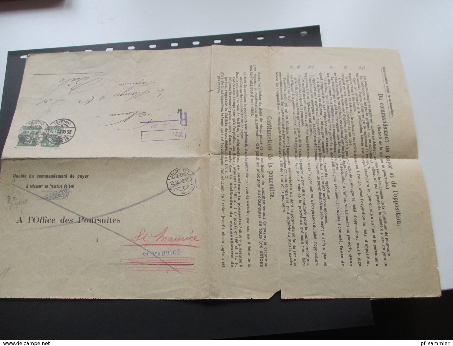 Schweiz Brief 1922 Formular doppelt verwendet! R-Brief. Double du commandement de payer. Monthey