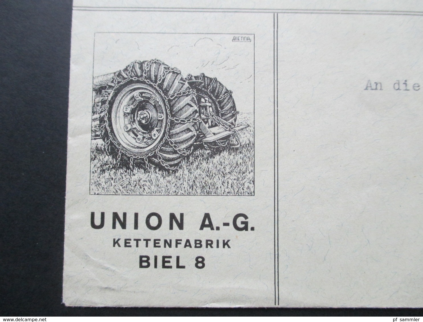 Schweiz Brief 1937 Firmenbrief Union AG Kettenfabrik Biel 8. Landwirtschaft. Traktoren - Cartas & Documentos