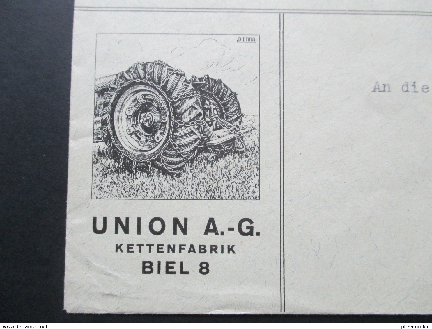 Schweiz Brief 1937 Firmenbrief Union AG Kettenfabrik Biel 8. Landwirtschaft. Traktoren - Briefe U. Dokumente