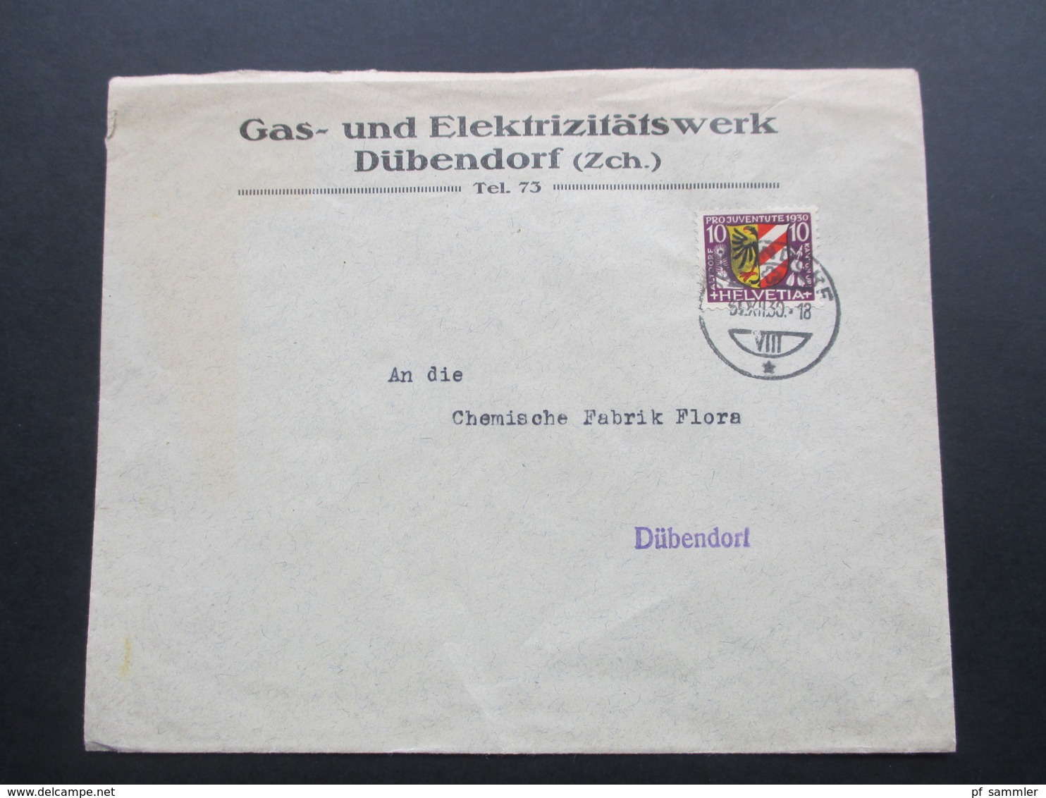 Schweiz Brief 1930 Pro Juventute Nr. 242 EF Gas Und Elektrizitätswerk Dübendorf. Ortsbrief - Briefe U. Dokumente