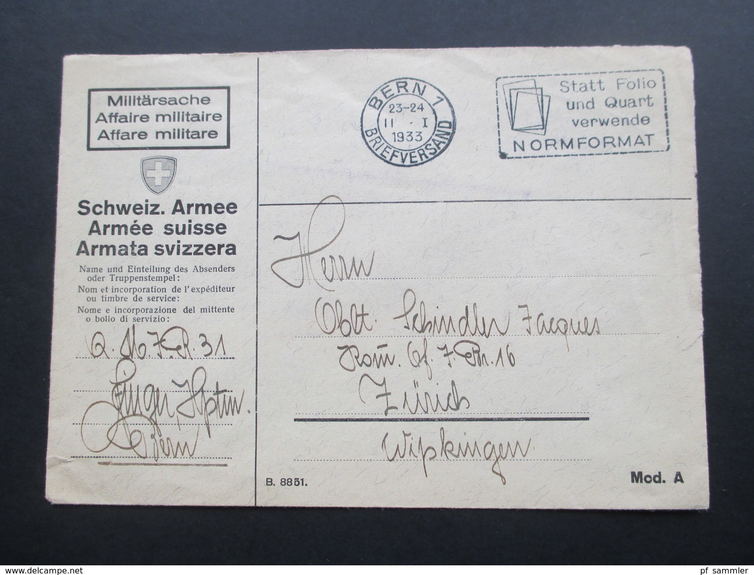 Schweiz Brief 1933 Miltärsache Affaire Militaire. Schweiz. Armee. Bern Statt Folio Und Quart Verwende Normformat - Briefe U. Dokumente