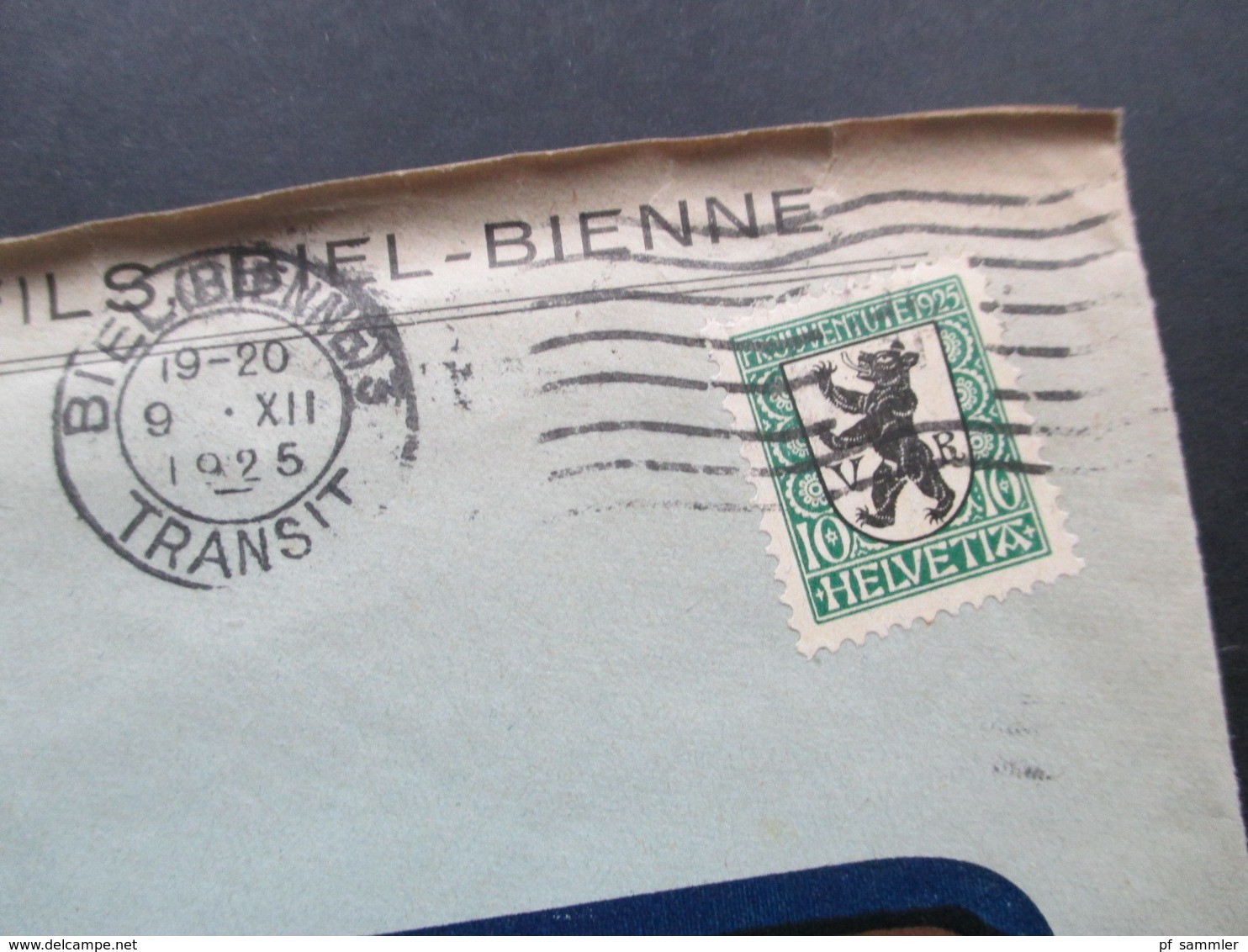 Schweiz Brief 1925 Pro Juventute Nr. 215 EF Courvoisier & Fils. Stempel: Biel (Bienne) Transit - Cartas & Documentos