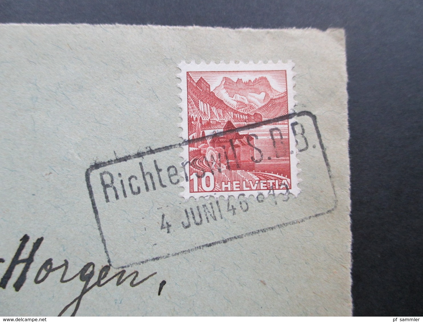 Schweiz Briefvorderseite 1946 Bahnspost Stempel Richterswil S.B.B. - Cartas & Documentos