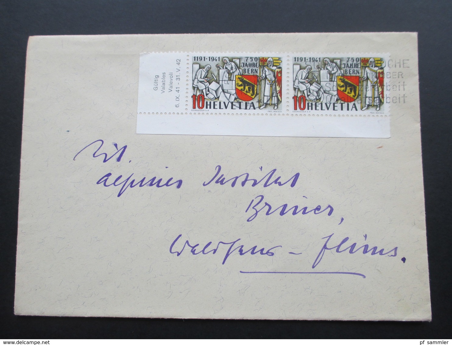 Schweiz Brief 1941 Nr. 398 Eckranstück Unten Links. Randbedruckung - Briefe U. Dokumente