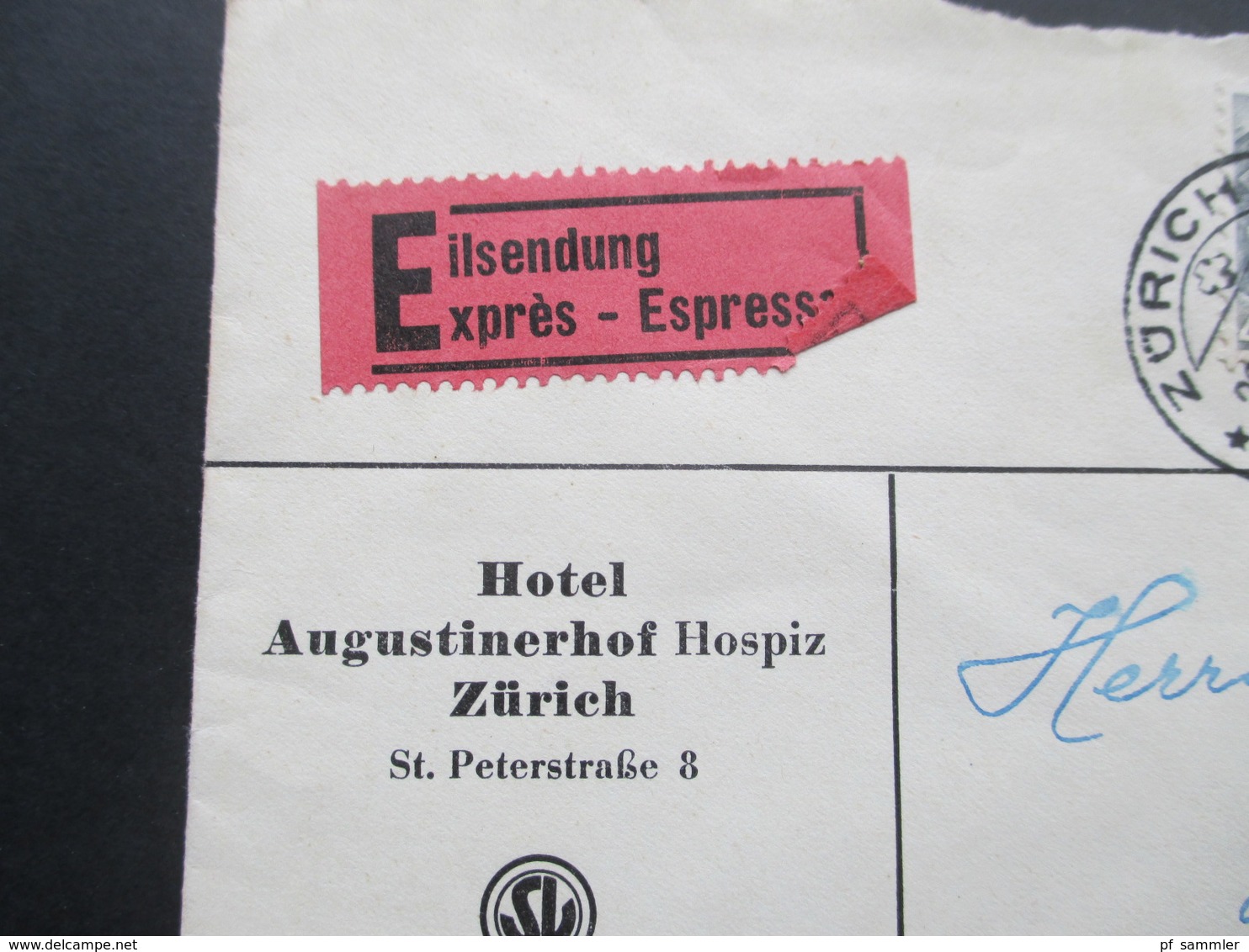 Schweiz Brief 1942 Eilsendung Expres. Hotel Augustinerhof Hospiz Zürich. Frankatur Nr. 405 / 407 Zusammendruck! - Covers & Documents