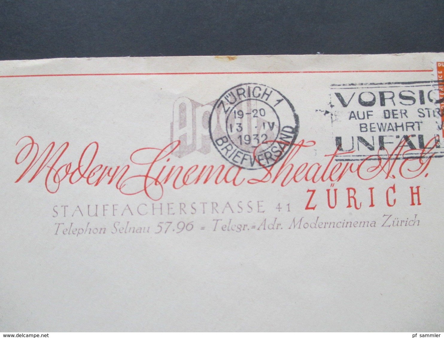 Schweiz Brief 1932 Apollo Modern Cinema Theater Zürich. Cineastik - Cartas & Documentos