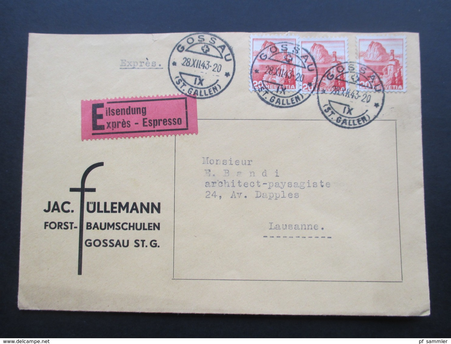 Schweiz Brief 1943 Eilsendung Expres. Jac. Füllermann Forst Und Baumschulen Gossau St. Gallen - Storia Postale