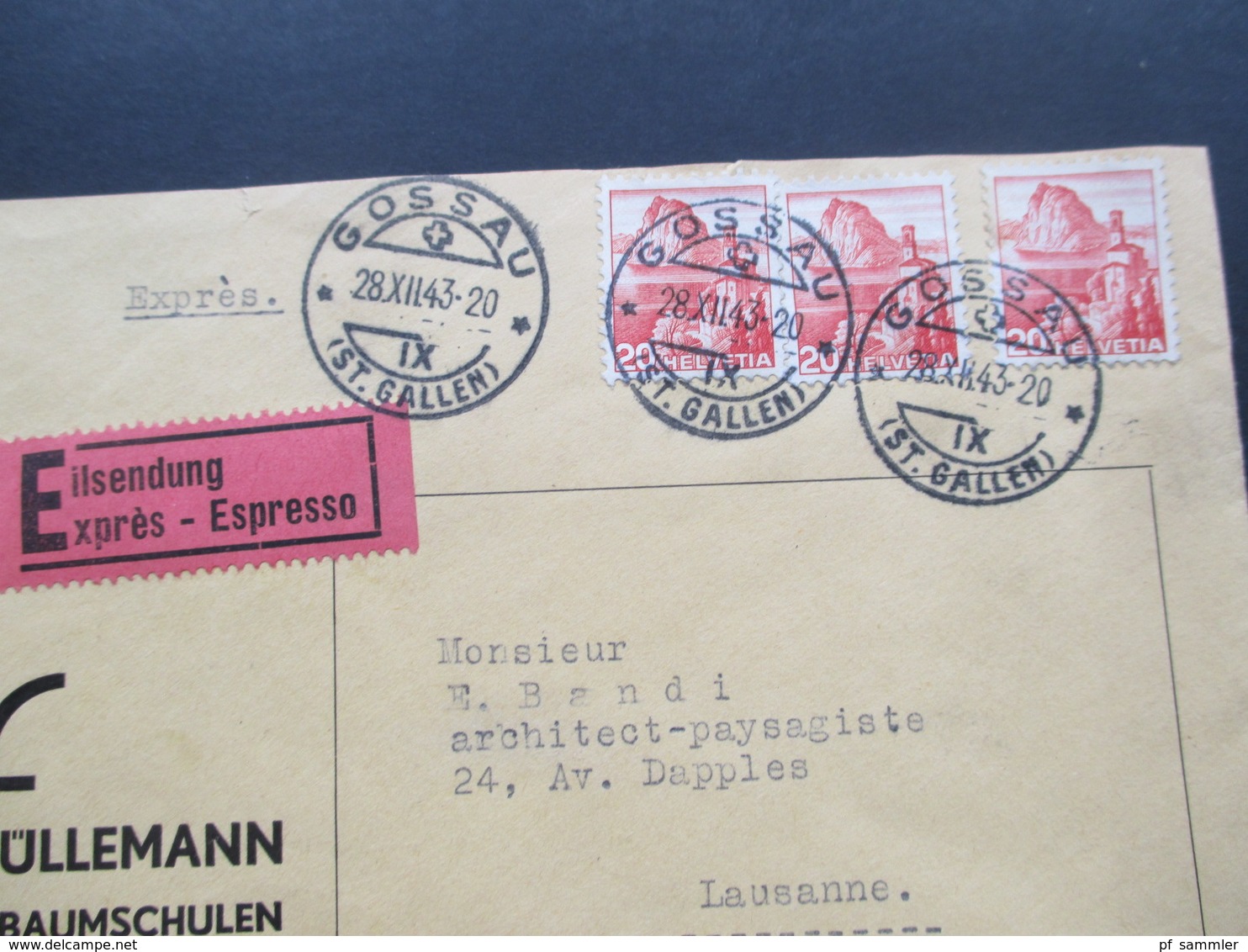 Schweiz Brief 1943 Eilsendung Expres. Jac. Füllermann Forst Und Baumschulen Gossau St. Gallen - Briefe U. Dokumente